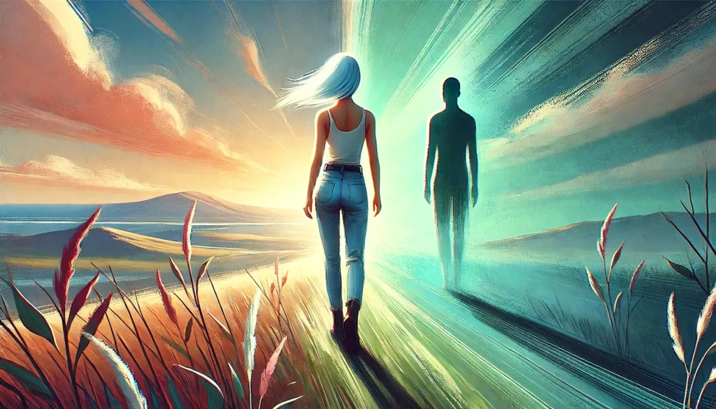 A confident, slender white-haired girl walking away from a shadowy figure, set in a vibrant, open landscape symbolizing empowerment and freedom.