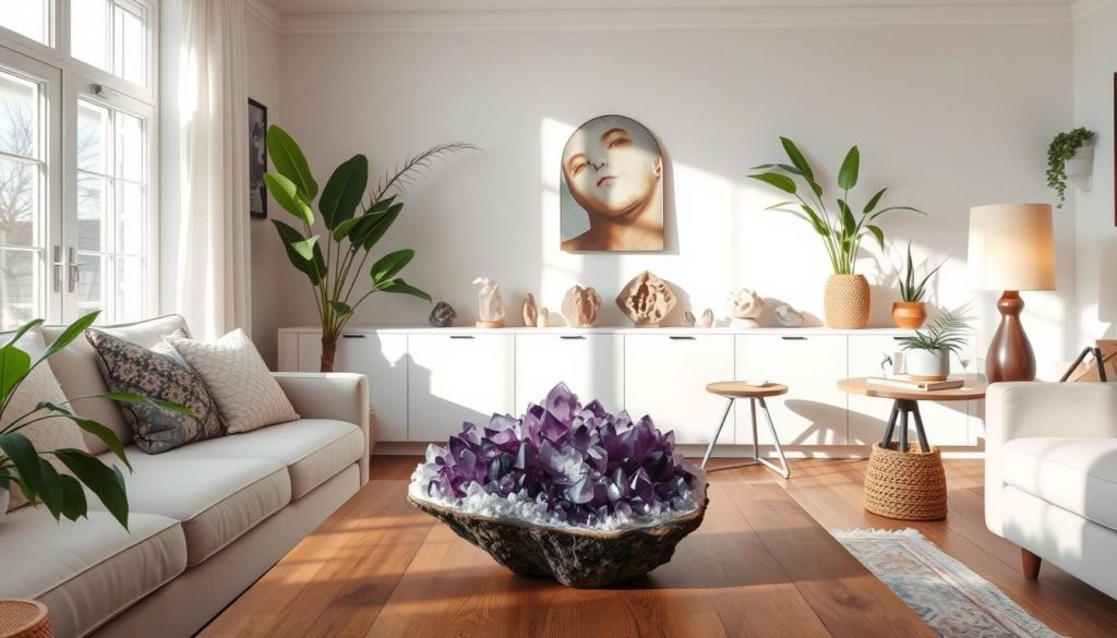 Living room decorated with various crystals for home decor, including amethyst cluster and selenite lamp