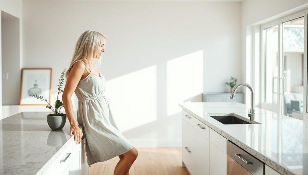 A clean, bright kitchen counter in a minimalist, open-concept home. The sunlit granite surface is uncluttered, with a few simple, elegant decor pieces - a potted plant, a small vase of fresh flowers, and a single piece of art. The counter is positioned against a large window, allowing natural light to pour in and create a serene, calming atmosphere. A slim, 25-year-old woman with long white hair, wearing a knee-length cotton dress, leans against the counter, embodying the tranquility and simplicity of the space. The image captures the essence of a decluttered, stress-free kitchen that reflects the minimalist lifestyle.