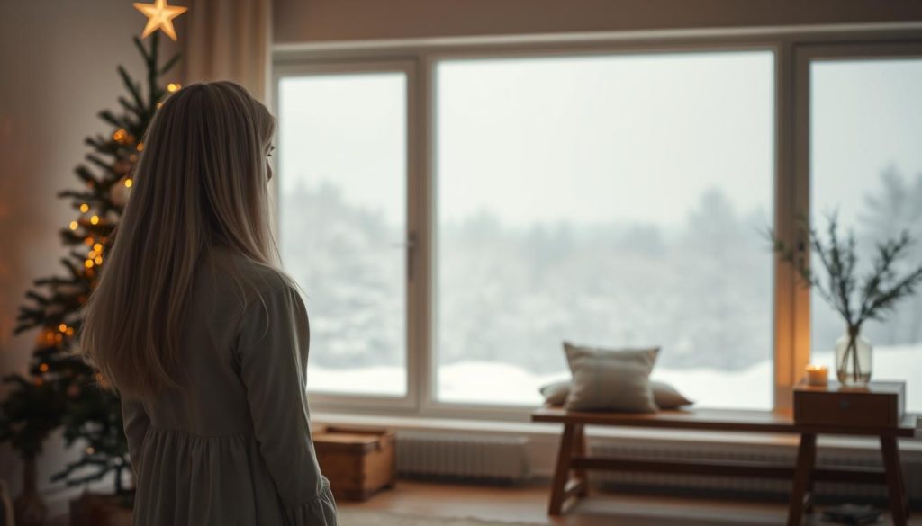 A cozy and minimalist Christmas scene, illuminated by soft, warm lighting. In the foreground, a petite woman with long white hair, dressed in a simple cotton frock, gazes out a large window. The room is sparse, with clean lines and neutral tones - a modern Christmas tree adorned with delicate ornaments, a wooden bench, and a single vase of evergreen boughs. The background fades into a tranquil winter landscape, snowflakes drifting through the air. The overall mood is one of serenity and understated elegance, a serene escape from the hustle and bustle of the season. A cozy and minimalist Christmas scene, illuminated by soft, warm lighting. In the foreground, a petite woman with long white hair, dressed in a simple cotton frock, gazes out a large window. The room is sparse, with clean lines and neutral tones - a modern Christmas tree adorned with delicate ornaments, a wooden bench, and a single vase of evergreen boughs. The background fades into a tranquil winter landscape, snowflakes drifting through the air. The overall mood is one of serenity and understated elegance, a serene escape from the hustle and bustle of the season.