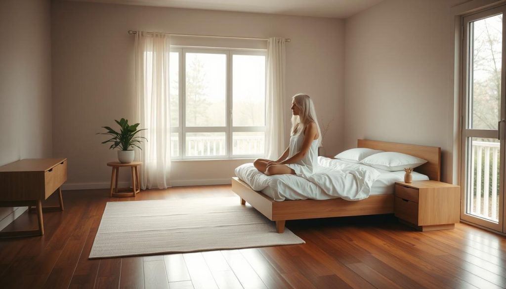 A cozy, minimalist bedroom with natural light filtering through large windows. The room is sparsely furnished, featuring a low platform bed with crisp white linens, a sleek wooden nightstand, and a single potted plant. The woman with long white hair in a cotton dress sits cross-legged on the bed, her gaze contemplative. The walls are painted a soothing neutral tone, and the hardwood floor is covered with a soft, neutral-toned rug. The lighting is soft and ambient, creating a peaceful, serene atmosphere.