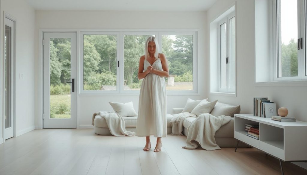 A cozy, minimalist living room filled with natural light. A tall, slender woman with long white hair in a flowing cotton dress stands at the center, slowly resetting the space - carefully arranging a few neutral-toned throw pillows, adjusting the folds of a linen blanket, straightening a row of books on a sleek, low-profile shelving unit. The room's palette is soft and airy, with pale wooden floors, whitewashed walls, and large windows that look out onto a lush, verdant landscape. The overall atmosphere is one of calm, tranquility, and intentional simplicity.
