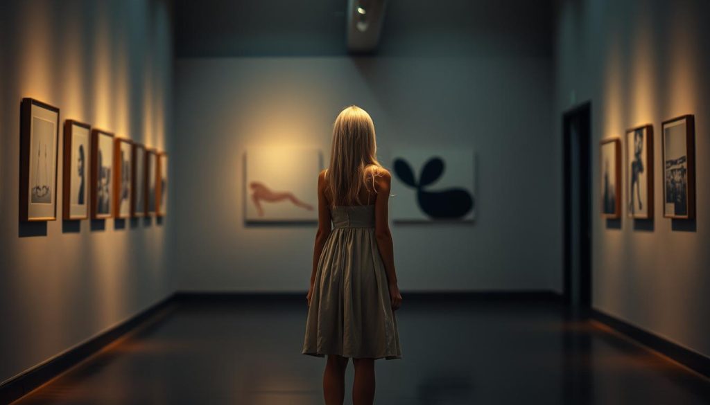 A dimly lit art gallery, with a skinny 25-year-old woman with long white hair in a knee-length cotton dress standing in the center, observing the minimalist artworks on the walls. The gallery has a hush of contemplation, with the woman's pensive gaze reflecting the critical dialogue surrounding the art. Soft, warm lighting casts shadows, creating a pensive and introspective atmosphere. The background features a blur of abstract shapes and forms, hinting at the diverse perspectives and interpretations of the art world critics.