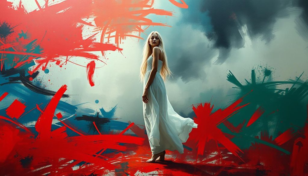 A dramatic abstract expressionist scene, captured with a wide-angle lens and dramatic lighting. The foreground features bold, sweeping brushstrokes of vibrant colors - reds, blues, and greens - that dance across the canvas, creating a sense of energy and movement. In the middle ground, the brushstrokes become more abstracted, merging into an ethereal, atmospheric haze. The background is a deep, shadowy void, punctuated by flashes of light that add depth and mystery. The overall effect is one of raw, emotive power, reflecting the bold, unrestrained spirit of abstract expressionism. Amidst this dynamic, painterly landscape, a slender, youthful female figure stands tall, her long white hair and flowing white dress serving as a serene, elegant counterpoint to the turbulent surroundings.