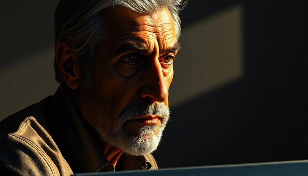 A high-quality digital painting of Frank Stella, a prominent American minimalist artist. The painting depicts Stella in a thoughtful, contemplative pose, his intense gaze focused intently on the canvas before him. The lighting is warm and directional, casting dramatic shadows that accentuate the planes and angles of his face. The background is a subdued palette of muted grays and blacks, placing the emphasis squarely on the subject and his creative process. The composition is balanced and harmonious, reflecting the geometric, reductive aesthetic that defines Stella's iconic minimalist paintings. The overall mood is one of quiet, introspective artistry, capturing the essence of this pioneering figure in the minimalist movement.