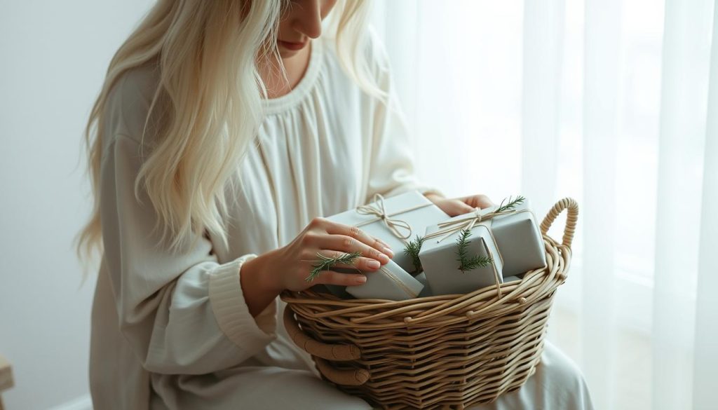 A minimalist Christmas scene featuring a young woman in a simple white cotton dress, her long white hair flowing as she carefully places gifts into a small, understated woven basket. The gifts are wrapped in muted tones of beige, gray, and pale green, adorned with delicate natural elements like sprigs of evergreen and ribbons of soft cotton. The lighting is soft and diffused, creating a serene, intimate atmosphere. The background is spare, perhaps a glimpse of a neutral-toned wall or a simple table, allowing the focus to remain on the woman and her meaningful, pared-down holiday gifts. A minimalist Christmas scene featuring a young woman in a simple white cotton dress, her long white hair flowing as she carefully places gifts into a small, understated woven basket. The gifts are wrapped in muted tones of beige, gray, and pale green, adorned with delicate natural elements like sprigs of evergreen and ribbons of soft cotton. The lighting is soft and diffused, creating a serene, intimate atmosphere. The background is spare, perhaps a glimpse of a neutral-toned wall or a simple table, allowing the focus to remain on the woman and her meaningful, pared-down holiday gifts.