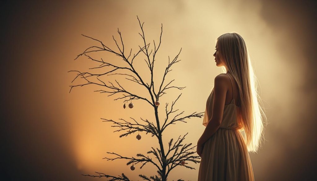 A minimalist Christmas tree illuminated by soft, warm lighting, its branches gracefully arching in a naturalistic, effortless manner. A slender woman with long, white hair in a flowing cotton dress stands beside the tree, her presence serene and understated, complementing the tranquil scene. The tree's simple yet elegant silhouette is the focal point, accentuated by a sparse arrangement of delicate ornaments that subtly catch the light. The background is hazy and out of focus, creating a sense of depth and focus on the central composition. The overall mood is one of understated sophistication and a peaceful, pared-down aesthetic.