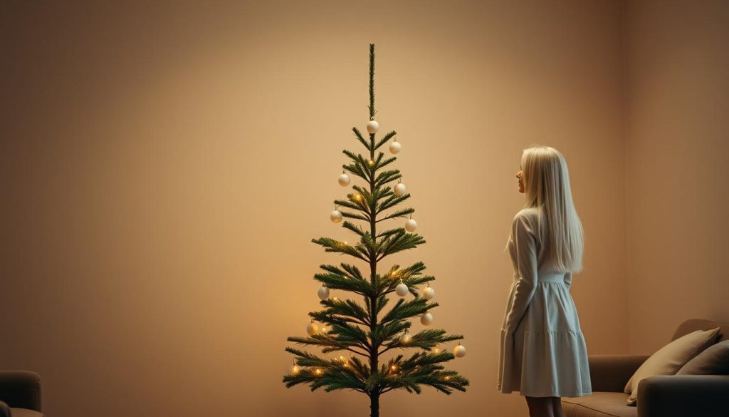 A minimalist Christmas tree standing tall in a cozy, well-lit living room. The tree is a simple, slender shape adorned with a few delicate, white ornaments that catch the warm glow of the overhead lighting. The woman, dressed in a knee-length white cotton dress, stands beside the tree, her long white hair framing her serene expression as she admires the understated elegance of the scene. The background is a muted, neutral palette, allowing the tree and the woman to be the focal points. Soft, diffused lighting creates a calming, contemplative atmosphere, highlighting the beauty of minimalism during the holiday season.