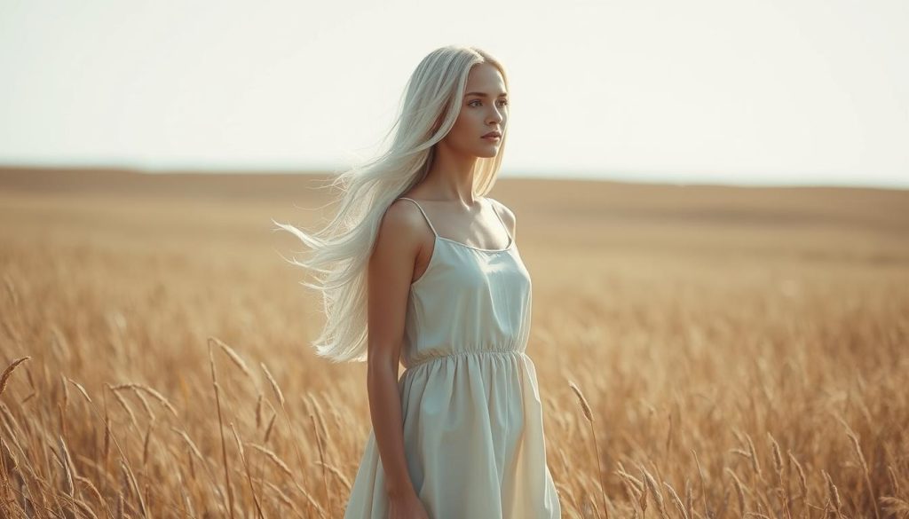 A minimalist and serene landscape, with a young woman standing in a field of tall grass, her long white hair flowing gently in the breeze. The scene is bathed in soft, natural lighting, creating a sense of tranquility and simplicity. The woman's cotton dress, in a neutral tone, blends seamlessly with the muted colors of the surrounding environment. The background is a simple, uncluttered horizon, emphasizing the clean lines and open space that define the minimalist aesthetic. The overall mood is one of thoughtful contemplation, inviting the viewer to appreciate the beauty in the understated and the essential.