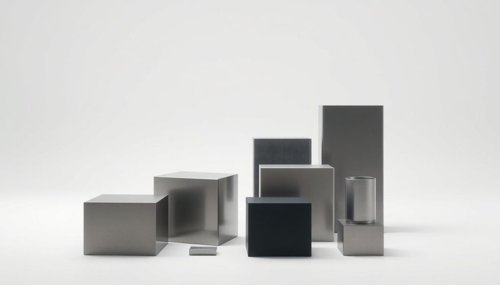 A minimalist arrangement of geometric forms and industrial objects captured in a serene, well-lit studio setting. Smooth metal cubes, cylinders, and rectangles in muted tones of silver, gray, and black, artfully composed against a plain white backdrop. Subtle shadows and reflections add depth and dimensionality. The specific objects, devoid of distractions, invite the viewer to observe their inherent qualities - shape, texture, and negative space. An atmospheric, contemplative mood pervades the scene, mirroring the aesthetic principles of mid-20th century minimalist artists.