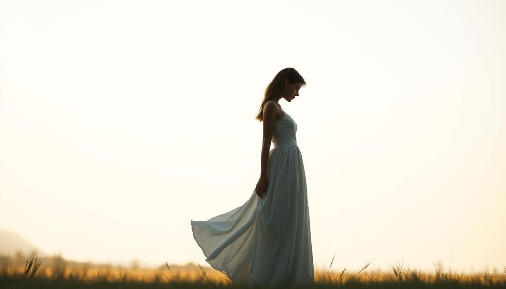 A minimalist art composition depicting a young woman in a long, flowing white dress standing in a serene, natural landscape. The subject's figure is silhouetted against a simple, clean background of softly blurred greenery and a subtly gradated sky. Warm, diffused lighting casts a gentle glow, creating a sense of tranquility and timelessness. The framing is tight, emphasizing the elegant lines and graceful pose of the woman, who appears lost in contemplation. The overall aesthetic is one of understated beauty, inviting the viewer to pause and reflect on the essence of the scene. A minimalist art composition depicting a young woman in a long, flowing white dress standing in a serene, natural landscape. The subject's figure is silhouetted against a simple, clean background of softly blurred greenery and a subtly gradated sky. Warm, diffused lighting casts a gentle glow, creating a sense of tranquility and timelessness. The framing is tight, emphasizing the elegant lines and graceful pose of the woman, who appears lost in contemplation. The overall aesthetic is one of understated beauty, inviting the viewer to pause and reflect on the essence of the scene.