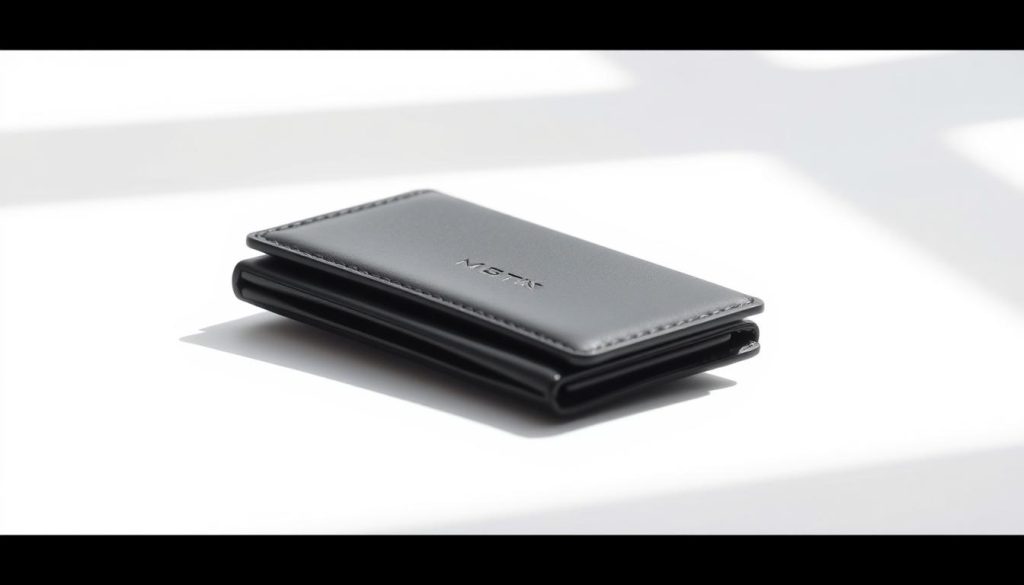 A minimalist, high-quality wallet in soft, supple black leather, showcased on a bright white background with soft, natural lighting. The wallet lies at a slight angle, its elegant, streamlined design highlighted by its simple, understated branding. The image captures the wallet's slim, functional profile, its slim silhouette and clean lines conveying a sense of modern, refined style. The overall mood is one of simplicity, quality, and understated sophistication - a minimalist wallet that punches above its price point.
