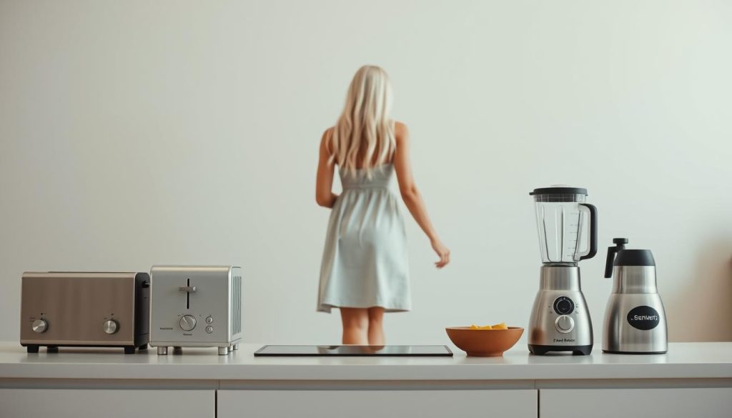 A minimalist kitchen counter with a sleek, monochromatic design. In the foreground, a row of essential appliances stands out - a modern toaster, a compact coffee machine, and a high-quality blender. The appliances are arranged in a clean, symmetrical layout, their surfaces gleaming under the soft, warm lighting. In the middle ground, a slim, elegant woman with long white hair, dressed in a knee-length cotton dress, moves gracefully between the appliances, effortlessly preparing a meal. The background fades into a serene, neutral-toned palette, emphasizing the simplicity and functionality of the kitchen space.