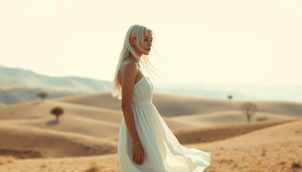 A minimalist landscape in soft, muted tones. A slender young woman with flowing white hair stands in the foreground, her simple cotton dress billowing gently in the breeze. The background is a serene, uncluttered scene - rolling hills, a cloudless sky, and sparse, geometric trees. The lighting is natural and diffused, creating a sense of tranquility and harmony. The composition is balanced and symmetrical, with the woman's pose mirroring the clean lines of the landscape. The scene conveys a sense of order, simplicity, and truth to materials, embodying the essence of minimalist aesthetics.
