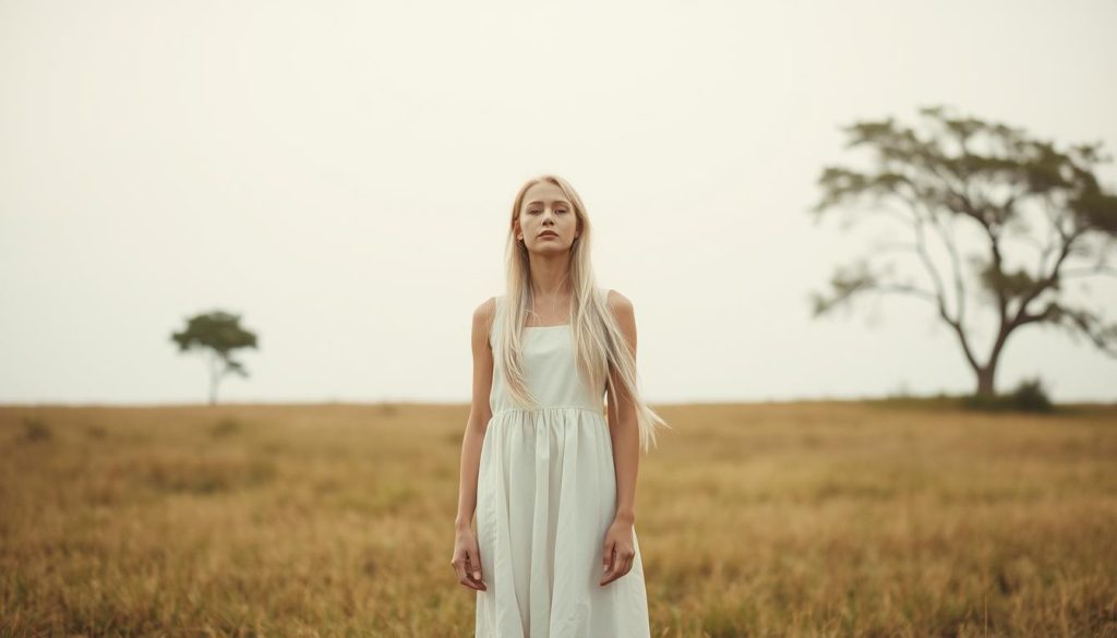 A minimalist landscape with a serene, contemplative atmosphere. In the foreground, a young woman with long, flowing white hair stands in a simple cotton dress, her expression tranquil and her gaze directed inward. The background features a sparse, natural setting - a grassy meadow, a few gently swaying trees, and a clear, diffused sky. The lighting is soft and diffused, creating a sense of timeless calm. The composition is balanced and symmetrical, emphasizing the simplicity and stillness of the scene. This image evokes the timeless wisdom and tranquility of minimalist philosophy.