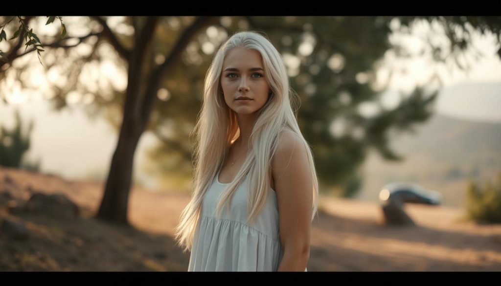 A minimalist lifestyle captured in a serene, natural setting. A young woman with long, flowing white hair stands peacefully in a simple cotton dress, her gaze tranquil and contemplative. Soft, diffused lighting filters through the trees, casting a warm, mellow glow. The background features a sparse, understated landscape - a few rocks, some greenery, and a hint of a distant horizon. The overall atmosphere evokes a sense of simplicity, calm, and connection with the natural world.
