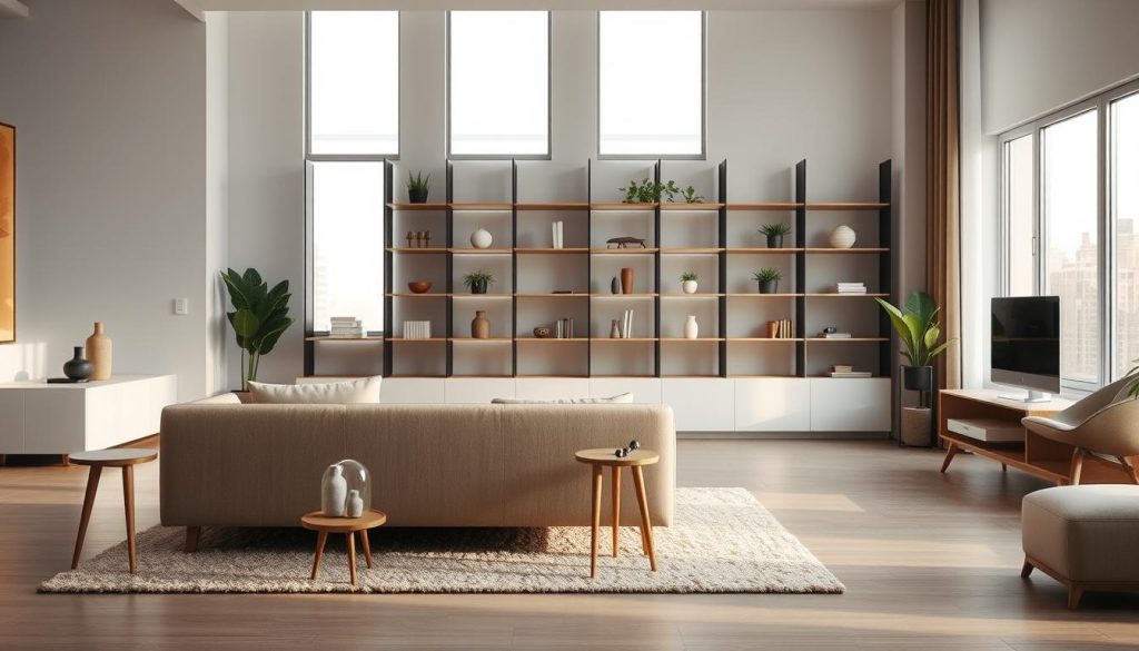 A minimalist living room filled with furniture featuring clean lines and functional design. In the foreground, a low-profile sofa with smooth, curved edges sits atop a plush, neutral-toned rug. Beside it, a sleek end table with a single, slender wooden leg. In the middle ground, a modular bookshelf system with slim, interlocking shelves displaying decorative objects and plants. The background showcases large windows allowing natural light to flood the space, creating a serene, calming atmosphere. The scene is enhanced by subtle, warm lighting that casts a soft glow, emphasizing the simplicity and purpose of the furnishings.