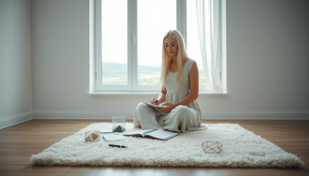 A minimalist living room with a large white-walled window overlooking a serene landscape. A young woman with long white hair, dressed in a simple knee-length cotton dress, sits cross-legged on a plush cream-colored rug, her hands resting on a notebook in front of her. The room is bathed in soft, diffused natural light, creating a calming, contemplative atmosphere. On the rug around her are various neatly organized objects - a pen, a glass of water, and a few small, geometric decor pieces. The overall scene conveys a sense of focus, simplicity, and a thoughtful, 30-day decluttering plan.
