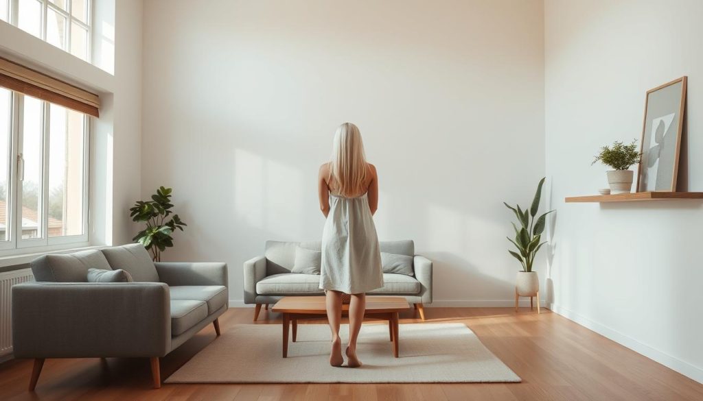 A minimalist living room with natural light streaming through large windows, featuring a mid-century modern sofa in soft gray upholstery, a wooden coffee table, and a single potted plant on a floating shelf. The walls are painted in a muted white, and the floor is covered in a neutral-toned area rug. A skinny 25-year-old woman with long white hair in a knee-length cotton dress stands in the center of the room, admiring the simple yet elegant decor. Subtle ambient lighting and a warm, inviting atmosphere create a serene and calming environment.