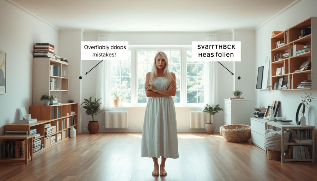 A minimalist living room with white walls, a wooden floor, and a large window. In the center, a young woman with long white hair, wearing a simple cotton dress, stands thoughtfully. Around her, common minimalism mistakes are illustrated: overflowing bookshelves, cluttered countertops, and a jumble of decor items. The room is bathed in soft, natural light, creating a serene, contemplative atmosphere. The woman's pose and expression convey a sense of clarity and focus, inviting the viewer to consider the principles of true minimalism.