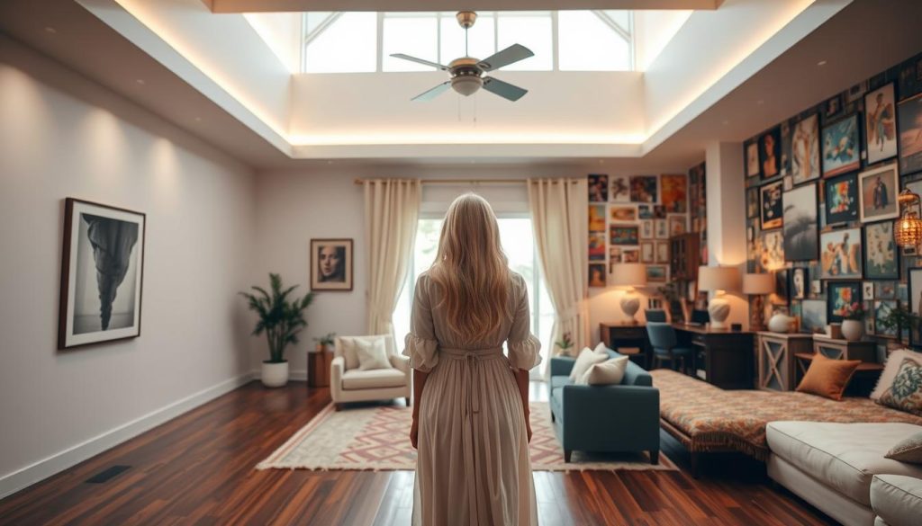 A minimalist living space in the foreground, with a maximalist, intricately decorated room in the background, connected by a bridge-like structure. The minimalist space features clean lines, white walls, and a single piece of modern art. The maximalist room is filled with vibrant colors, patterns, and eclectic decor, creating a visually striking contrast. Soft, warm lighting illuminates the scene, accentuating the textures and details. The woman with long white hair in a flowing cotton dress stands in the middle, gazing out at the duality of the spaces, capturing the essence of the "Minimalism vs. Maximalism: Key Differences That Matter" concept.