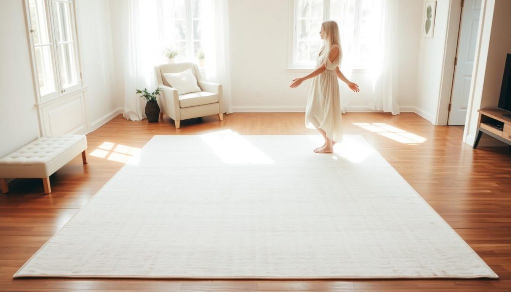 A minimalist, rectangular area rug sits on a hardwood floor in a sun-filled living room. The rug has a soft, neutral color palette, with gentle patterns that add visual interest. A young woman with long white hair, wearing a flowing cotton dress, stands beside the rug, her hands outstretched to demonstrate the rug's size. The room is bathed in warm, natural light, creating a serene and inviting atmosphere. The rug's dimensions are clearly visible, showcasing its ability to fit seamlessly within the space. The overall scene conveys a sense of simplicity, comfort, and the transformative power of the right area rug.