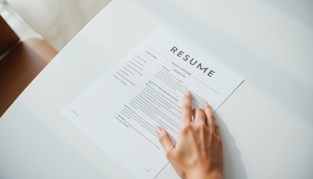 A minimalist resume lying on a plain white table, captured with a shallow depth of field and soft, natural lighting. The resume features a clean, elegant design with a simple layout, ample white space, and a subtle touch of grey accents. The woman's slender hand rests lightly on the resume, conveying a sense of thoughtfulness and confidence. The overall atmosphere is one of refined simplicity, reflecting the essence of the "Minimalist Resume Template" concept.