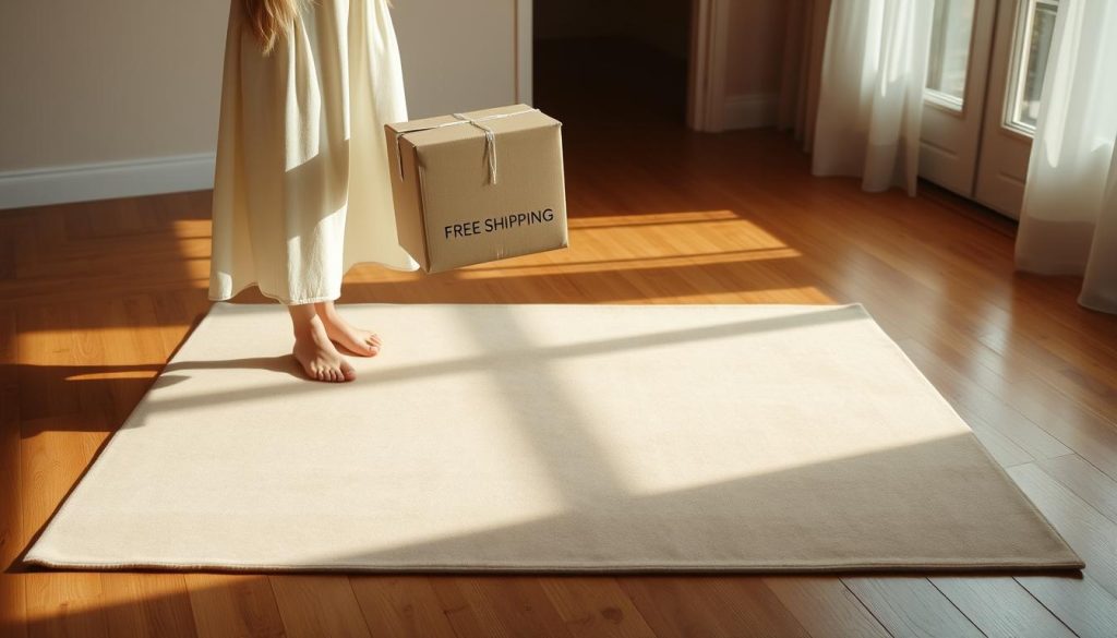 A minimalist rug in a neutral beige tone lies on a hardwood floor, with a skinny 25-year-old woman with long white hair in a knee-length cotton dress standing next to it. The room is bathed in warm, natural light, casting soft shadows across the scene. Above the rug, a simple, sleek package hovers in the air, its sides emblazoned with the words "FREE SHIPPING" in a clean, modern font. The package appears to be weightless, conveying a sense of effortless delivery. The overall atmosphere is one of serene, uncluttered elegance, perfectly complementing the rug and alluding to the seamless shipping and returns process.
