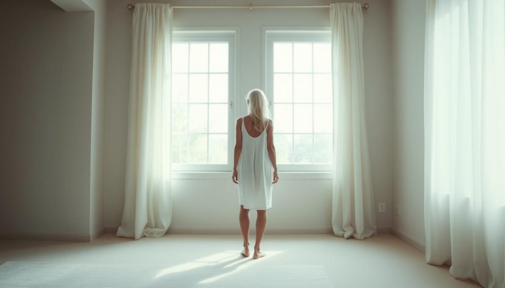 A minimalist, serene bedroom bathed in soft, natural light filtering through a pair of elegant, rectangular windows. The windows are framed by simple, white linen curtains that gently billow in a cool breeze. A slim, barefoot woman with long, white hair stands before the windows, her knee-length cotton dress swaying as she gazes outside, a tranquil expression on her face. The room is sparsely furnished, with a muted color palette and clean lines, creating a calming, uncluttered atmosphere. The lighting is diffused and gentle, casting a warm, soothing glow throughout the space. A minimalist, serene bedroom bathed in soft, natural light filtering through a pair of elegant, rectangular windows. The windows are framed by simple, white linen curtains that gently billow in a cool breeze. A slim, barefoot woman with long, white hair stands before the windows, her knee-length cotton dress swaying as she gazes outside, a tranquil expression on her face. The room is sparsely furnished, with a muted color palette and clean lines, creating a calming, uncluttered atmosphere. The lighting is diffused and gentle, casting a warm, soothing glow throughout the space.