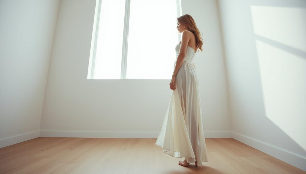 A minimalist still life of a slender woman in a flowing white dress, standing in a spare, sunlit room with clean lines and muted tones. The scene is captured from a low angle, emphasizing the subject's graceful form and the simplicity of the surroundings. Soft, diffuse lighting illuminates the woman's porcelain skin and cascading hair, creating a serene, contemplative atmosphere. The composition is balanced and uncluttered, with a focus on the subject's elegant posture and the tranquil, unadorned environment, embodying the essence of minimalism in art.