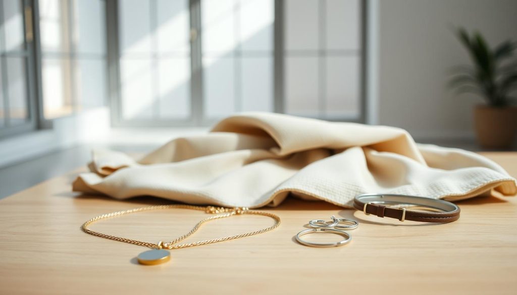 A minimalist still life showcasing a curated selection of stylish accessories on a simple wooden table. In the foreground, a delicate gold chain necklace with a pendant, a pair of silver hoop earrings, and a slim leather bracelet are arranged with deliberate precision. In the middle ground, a soft, neutral-toned scarf with a subtle textural pattern is draped elegantly. The background features a clean, airy environment with natural lighting filtering through large windows, creating a serene and refined atmosphere. The entire composition exudes a sense of effortless sophistication, perfectly complementing the minimalist fashion aesthetic. A minimalist still life showcasing a curated selection of stylish accessories on a simple wooden table. In the foreground, a delicate gold chain necklace with a pendant, a pair of silver hoop earrings, and a slim leather bracelet are arranged with deliberate precision. In the middle ground, a soft, neutral-toned scarf with a subtle textural pattern is draped elegantly. The background features a clean, airy environment with natural lighting filtering through large windows, creating a serene and refined atmosphere. The entire composition exudes a sense of effortless sophistication, perfectly complementing the minimalist fashion aesthetic.