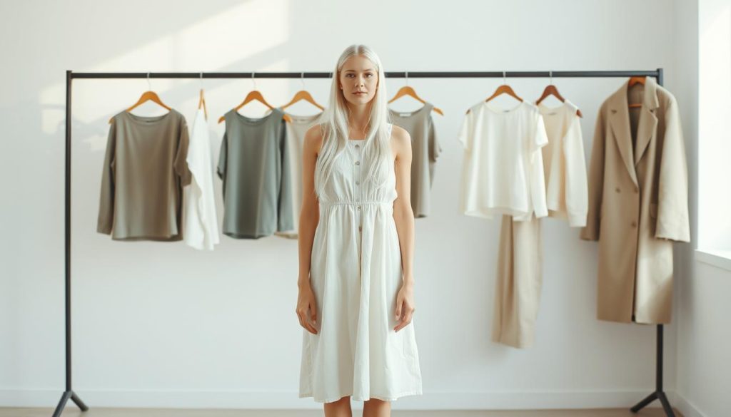 A minimalist wardrobe displayed against a clean, bright backdrop. In the foreground, a young woman with long white hair, dressed in a simple cotton knee-length dress, stands serenely, her hands at her sides. The middle ground features a series of neatly arranged garments - a few classic tops, trousers, and a simple coat - all in muted, neutral tones. The background is bathed in soft, natural light, conveying a sense of calm and simplicity. The overall composition emphasizes the beauty and functionality of a well-curated capsule wardrobe.