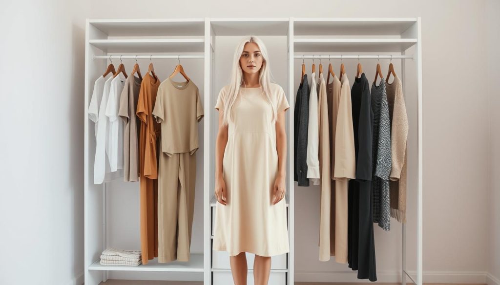 A minimalist wardrobe, neatly arranged on a white shelving unit. A skinny 25-year-old woman with long white hair stands in the center, wearing a knee-length cotton dress. The shelves showcase a curated collection of neutral-toned garments - simple t-shirts, slim-fit pants, a classic blazer, and a few versatile dresses. Soft, diffused lighting illuminates the scene, creating a serene, effortless atmosphere. The camera angle is slightly elevated, providing a clean, uncluttered view of the wardrobe essentials. The background is a plain, minimalist setting, allowing the focus to remain on the wardrobe and the model's pared-down, elegant aesthetic. A minimalist wardrobe, neatly arranged on a white shelving unit. A skinny 25-year-old woman with long white hair stands in the center, wearing a knee-length cotton dress. The shelves showcase a curated collection of neutral-toned garments - simple t-shirts, slim-fit pants, a classic blazer, and a few versatile dresses. Soft, diffused lighting illuminates the scene, creating a serene, effortless atmosphere. The camera angle is slightly elevated, providing a clean, uncluttered view of the wardrobe essentials. The background is a plain, minimalist setting, allowing the focus to remain on the wardrobe and the model's pared-down, elegant aesthetic.