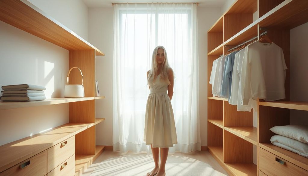 A minimalist, well-organized closet with ample natural light filtering through sheer curtains. Sleek wooden shelves and hangers neatly display a few carefully selected clothing items. A young woman with long white hair, wearing a knee-length cotton dress, stands calmly in the center, appreciating the sense of order and clarity. Soft shadows cast by the lighting accentuate the clean lines and serene atmosphere, inviting a feeling of tranquility and control over one's personal space.