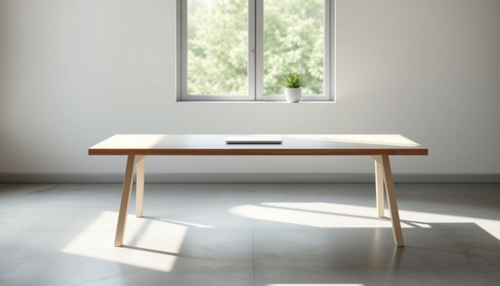 A minimalist white oak desk with a sleek, clean-lined design, floating above a light gray concrete floor. The desk surface is clear, save for a single laptop and a small potted succulent. Diffused, natural light filters in through a large window, casting soft shadows and creating a serene, reflective atmosphere. The desk is positioned in the center of the frame, with the background blurred, drawing the viewer's eye to the simple, elegant workspace. The overall mood is one of calm efficiency and focus, perfectly complementing the "Furniture and Layout: Clean Lines for an Efficient Workspace" section of the article.