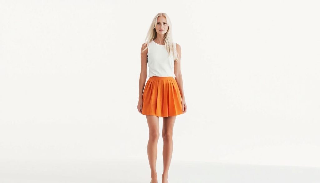 A minimalist yet chic look: a bright, pleated mini skirt in a vibrant hue that pops against a plain, white sleeveless top. The model, a slender woman in her mid-20s with long, flowing white hair, stands casually in a natural setting, her barely-there sandals drawing the eye to her toned legs. Soft, diffused lighting accentuates the simplicity of the ensemble, creating an effortless, sophisticated aesthetic. The background is uncluttered, allowing the subject to take center stage and embody the essence of understated style.