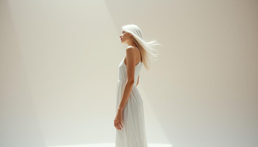 Clues Your Stuff Is Starting to Own You A minimalist yet conceptual composition featuring a slender woman with flowing white hair wearing a simple cotton dress, standing amidst an expansive, softly-lit void. Diffused natural light illuminates her form, casting gentle shadows that accentuate the clean lines of her figure. The background is a serene expanse of muted tones, allowing the subject to take center stage as a study in form, texture, and negative space. Captured with a wide-angle lens, the frame emphasizes the woman's tranquil presence and the contemplative mood of the scene. This image evokes the crossover of conceptual and process-driven elements that helped define the Minimalist movement.