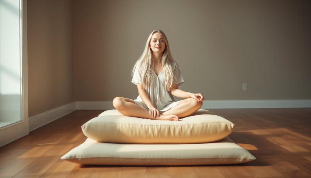A minimalist, zero-drop cushion nestled on a hardwood floor, softly illuminated by natural light filtering through a large window. The cushion's surface is a smooth, inviting beige, gently contoured to provide supportive comfort. The background fades into a serene, muted palette, allowing the cushion to take center stage as the focal point. A young woman with long, flowing white hair in a simple cotton dress sits cross-legged on the cushion, her expression one of tranquility and focused introspection, embodying the essence of a high-mileage recovery day.