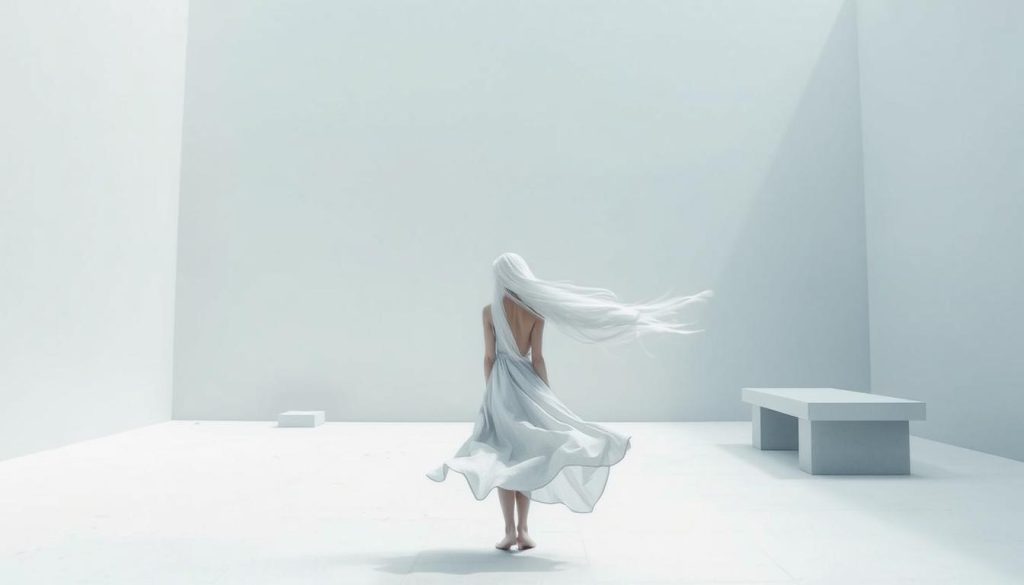 A peaceful, minimalist digital landscape. A slender young woman with long white hair stands contemplatively, her cotton dress flowing in a gentle breeze. She is surrounded by a serene, monochromatic environment - soft grays, whites, and blues. Minimal architectural elements, such as a simple bench or pedestal, provide subtle points of focus. The lighting is soft and diffused, creating a calming, introspective atmosphere. The camera angle is slightly elevated, allowing the viewer to observe the scene from an unobtrusive, third-person perspective. This image evokes a sense of digital detachment, tranquility, and focused simplicity.