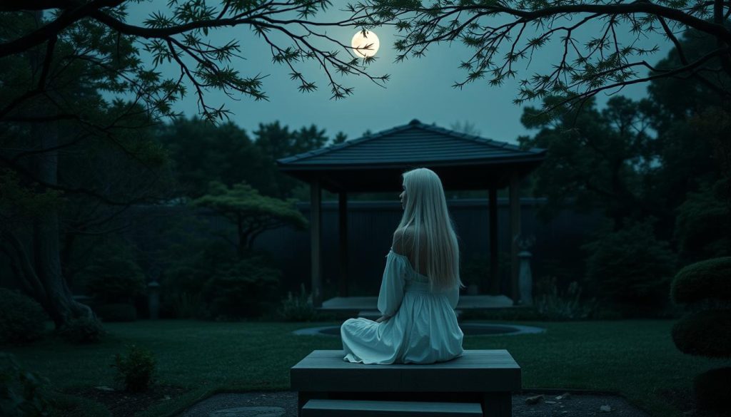 A serene Japanese garden at twilight, with a small, minimalist wooden pavilion nestled among lush greenery. Moonlight filters through the branches, casting a soft, muted glow over the scene. In the foreground, a young woman with long, flowing white hair sits cross-legged on a low platform, her simple cotton dress billowing gently in the cool evening breeze. The atmosphere is one of tranquility and contemplation, evoking the Zen principles of ma (negative space) and wabi-sabi (the beauty of imperfection). The composition is balanced and symmetrical, with the garden's natural elements and the woman's meditative pose creating a serene, otherworldly ambiance. A serene Japanese garden at twilight, with a small, minimalist wooden pavilion nestled among lush greenery. Moonlight filters through the branches, casting a soft, muted glow over the scene. In the foreground, a young woman with long, flowing white hair sits cross-legged on a low platform, her simple cotton dress billowing gently in the cool evening breeze. The atmosphere is one of tranquility and contemplation, evoking the Zen principles of ma (negative space) and wabi-sabi (the beauty of imperfection). The composition is balanced and symmetrical, with the garden's natural elements and the woman's meditative pose creating a serene, otherworldly ambiance.