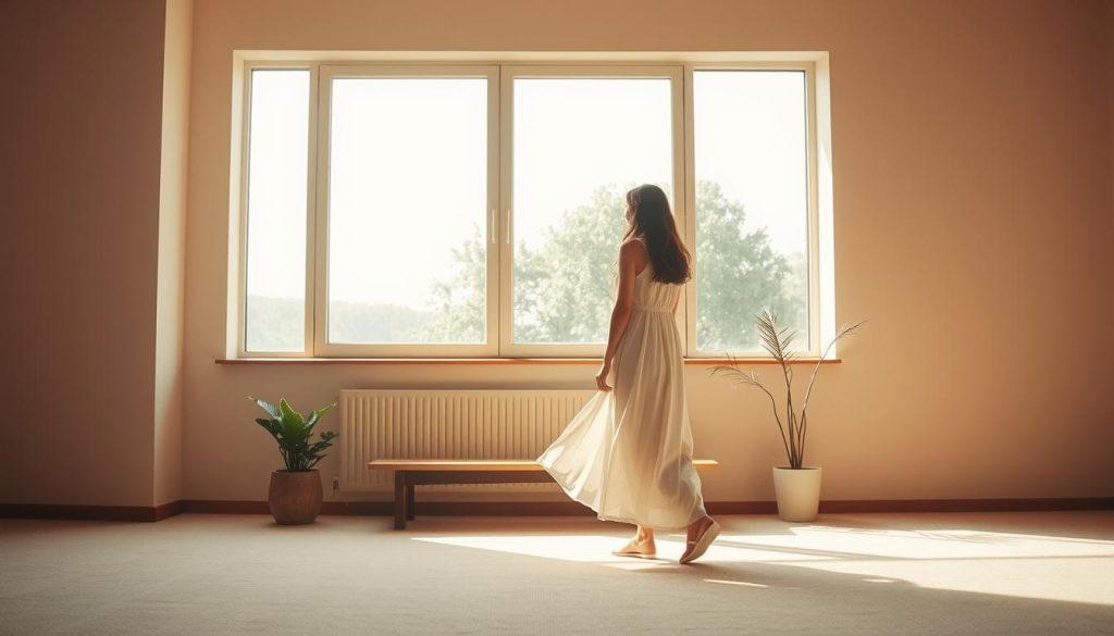 A serene and minimalist interior with a young woman at its center, bathed in warm, natural light. In the foreground, the woman stands calmly, gazing out a large window that frames a tranquil outdoor scene. Her long, white dress flows gently as she moves, creating a sense of effortless grace. The middle ground is sparsely furnished, with a simple wooden bench and a few potted plants, emphasizing the clean, uncluttered aesthetic. The background depicts a neutral-toned wall, allowing the focus to remain on the woman and the inviting space she inhabits. Soft, diffused lighting from the window casts a calming glow, evoking a sense of serene productivity and mindful living.