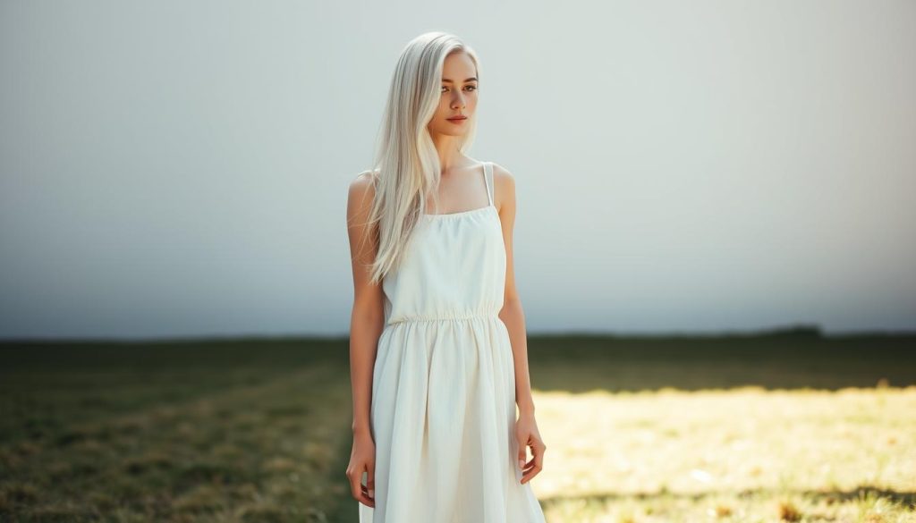 A serene and minimalist portrait of a young woman embracing a lifestyle of simplicity. She stands in a tranquil, sun-dappled setting, her long white hair flowing gently. The soft, clean lines of her knee-length cotton dress reflect the pared-down, intentional aesthetic. The background is a muted, neutral palette, allowing the subject to be the focal point. Diffused, natural lighting casts a warm, contemplative glow, conveying a sense of inner peace and mindfulness. This image captures the essence of a minimalist approach to living - one that is tailored to the individual, unencumbered by rigid rules, and focused on what truly matters.