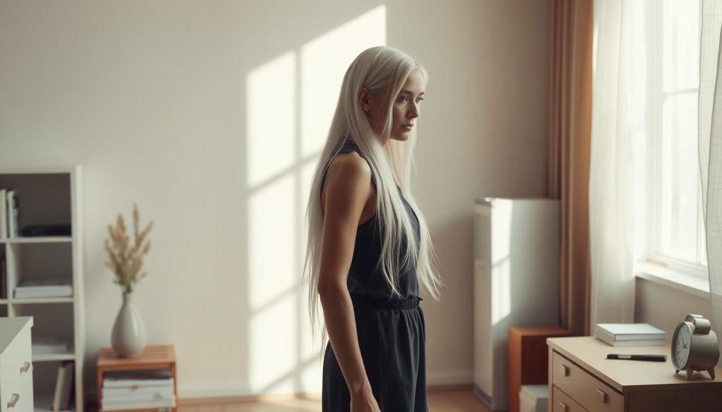 A serene and minimalist setting, bathed in soft natural light. A slender young woman, her long white hair cascading, stands contemplatively amidst a sparse, organized arrangement of everyday objects - a single vase, a few books, a simple clock. The room's clean lines and muted tones evoke a sense of tranquility and focus, hinting at the liberating power of decluttering. The woman's expression is pensive yet resolute, as if she is embracing the "Minimalism Game" - a journey of shedding possessions to spark joy and clarity. This scene captures the essence of the "Gamify and Go" approach to conquering clutter, where the act of letting go becomes a mindful, empowering exercise. A serene and minimalist setting, bathed in soft natural light. A slender young woman, her long white hair cascading, stands contemplatively amidst a sparse, organized arrangement of everyday objects - a single vase, a few books, a simple clock. The room's clean lines and muted tones evoke a sense of tranquility and focus, hinting at the liberating power of decluttering. The woman's expression is pensive yet resolute, as if she is embracing the "Minimalism Game" - a journey of shedding possessions to spark joy and clarity. This scene captures the essence of the "Gamify and Go" approach to conquering clutter, where the act of letting go becomes a mindful, empowering exercise.