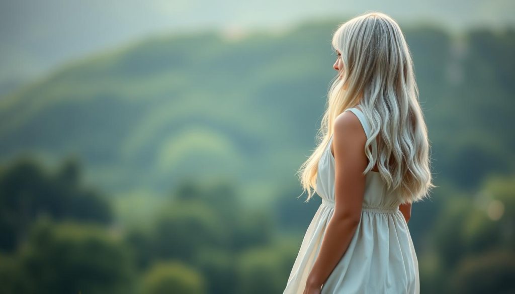 A serene and minimalist wallpaper design featuring a young woman with long white hair, dressed in a flowing cotton dress, standing in a tranquil natural setting. The foreground showcases her elegant silhouette against a backdrop of soft, muted colors - blurred greens and blues that suggest a lush, verdant landscape. Subtle lighting casts a warm, ethereal glow, creating a sense of calm and introspection. The overall composition emphasizes simplicity, balance, and a connection to nature, capturing the essence of timeless style inspirations.