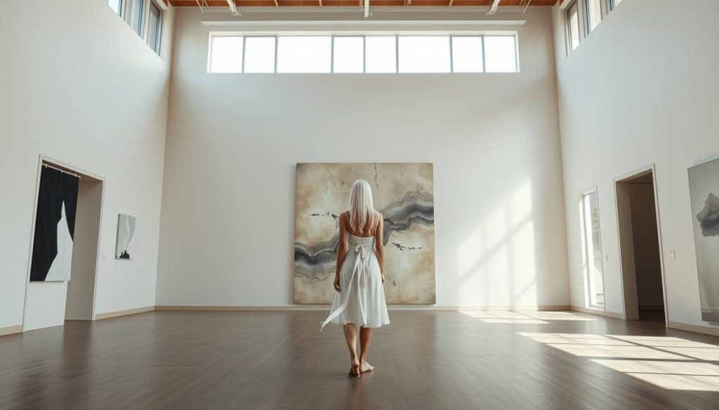 A serene minimalist art gallery interior, with high ceilings and large windows flooding the space with natural light. In the center, a slender young woman with long white hair wearing a flowing cotton dress stands contemplating a large, abstract canvas. The walls are adorned with clean, geometric shapes and muted tones, creating a tranquil, contemplative atmosphere. The woman's pose exudes a sense of quiet introspection, her gaze fixed upon the artwork as she becomes absorbed in the global currents of contemporary art.