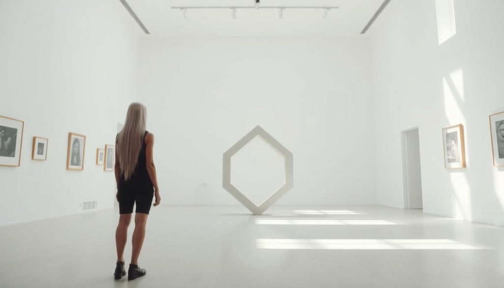 A serene, minimalist art gallery interior. A tall, slender woman with long white hair stands contemplatively before a large, geometric sculpture in the center of the airy, sun-dappled space. The walls are pristine white, save for a few framed artworks. Diffused natural light filters through tall windows, casting soft shadows. The atmosphere is one of tranquility and quiet contemplation, inviting the viewer to pause and reflect on the simplicity and elegance of the sculptural form.