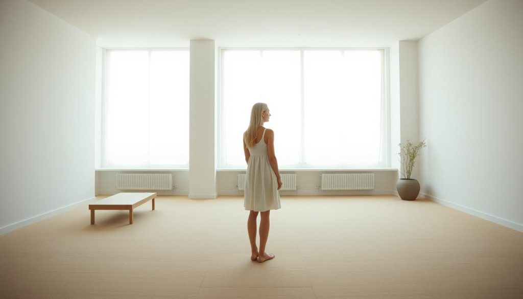 A serene, minimalist interior setting showcasing a slender young woman with long white hair, dressed in a simple knee-length cotton dress. She stands pensively in a spacious, bright room with clean lines, neutral tones, and minimal furnishings. Soft, natural lighting filters through large windows, casting a calming ambiance. The space exudes a sense of simplicity, tranquility, and introspection, inviting the viewer to pause and reflect on the essence of minimalism as a state of mind. A serene, minimalist interior setting showcasing a slender young woman with long white hair, dressed in a simple knee-length cotton dress. She stands pensively in a spacious, bright room with clean lines, neutral tones, and minimal furnishings. Soft, natural lighting filters through large windows, casting a calming ambiance. The space exudes a sense of simplicity, tranquility, and introspection, inviting the viewer to pause and reflect on the essence of minimalism as a state of mind.