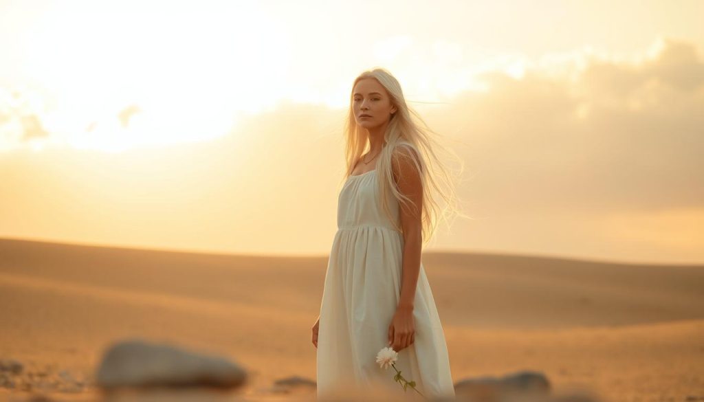 A serene, minimalist landscape with a young woman dressed in a simple white cotton dress, her long white hair cascading around her face. Warm, golden sunlight filters through wispy clouds, casting a soft, contemplative glow over the scene. In the foreground, a few well-placed natural elements like smooth stones or a single flowering plant create a sense of tranquility and focus. The background is a muted, neutral palette, allowing the woman's presence to be the central focal point. The overall mood is one of simplicity, calmness, and a gentle invitation to slow down and savor the present moment.
