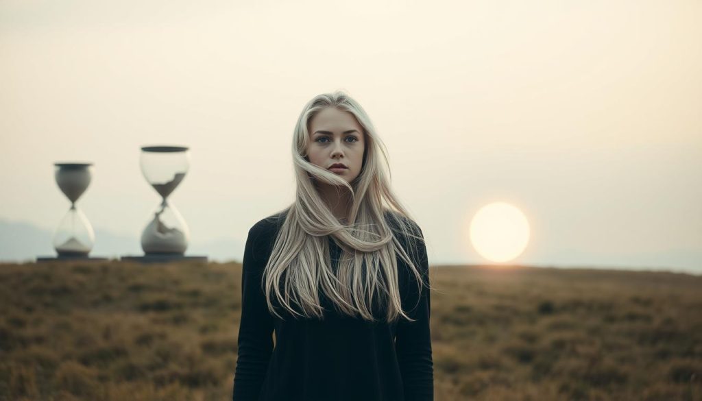 A serene, minimalist landscape with a young woman standing in the foreground, her long white hair flowing in the gentle breeze. The background is a tranquil scene featuring hourglass-shaped objects representing the finite nature of time, an overflowing money bag symbolizing wealth, and a glowing orb of energy radiating light. The lighting is soft and diffused, creating a contemplative atmosphere. The woman's gaze is pensive, inviting the viewer to reflect on the balance between time, money, and energy in one's life. The overall composition conveys a sense of simplicity, introspection, and the interconnectedness of these fundamental resources.