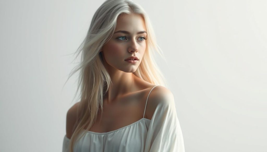 A serene, minimalist portrait of a young woman in a flowing white dress, set against a simple, clean background. Soft, diffused natural lighting illuminates her delicate features and flowing white hair, creating a sense of tranquility and simplicity. The woman's gaze is calm and introspective, embodying the essence of minimalism - finding beauty in the reduction of unnecessary elements. The composition is balanced and symmetrical, with a focus on the subject's tranquil presence, conveying the idea that "less is more" in both life and design.